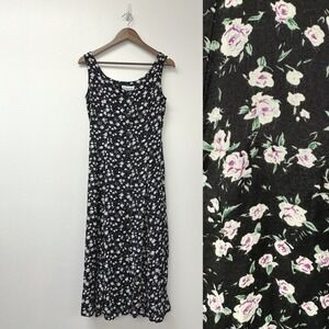 Vintage Ultimate Button Front Floral Sleeveless Cottagecore Dress Black M